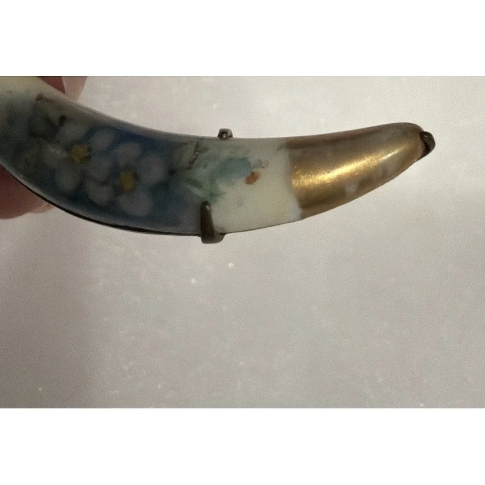 Antique Victorian Edwardian Floral Porcelain Pin Crescent Shape Brooch